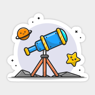 Telescope Astronomy Viewing Cute Planet and Cute Star Cartoon Vector Icon Illustration Sticker